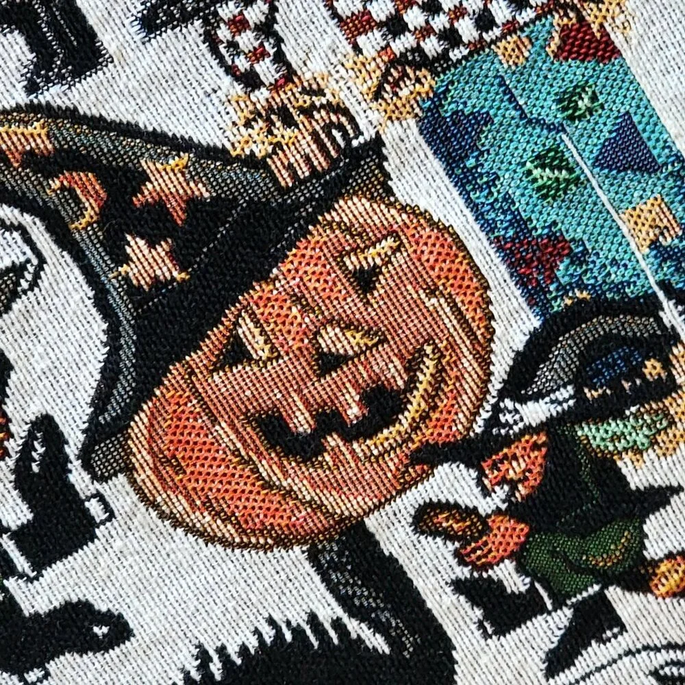 Vtg Halloween-Themed Tapestry Table Runner With Black Tassel Ends - Picture 6 of 11